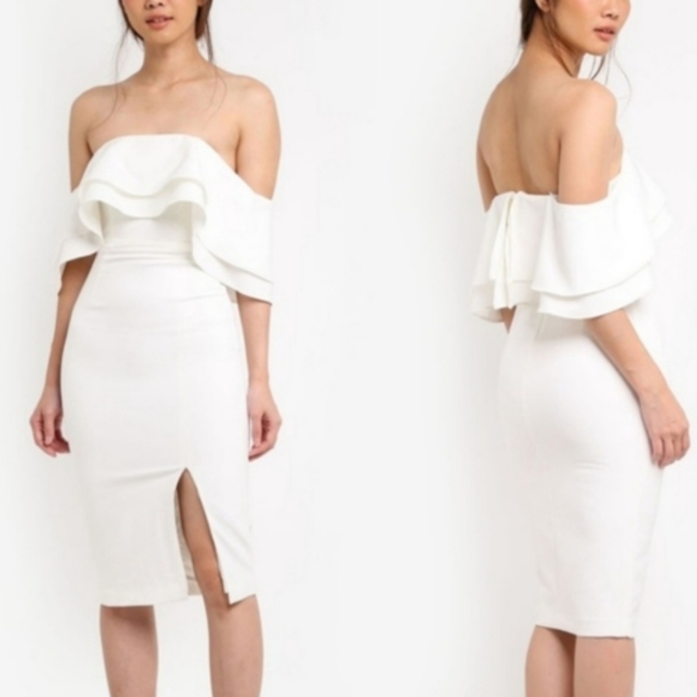Bardot band off the shoulder ruffle ivory dress